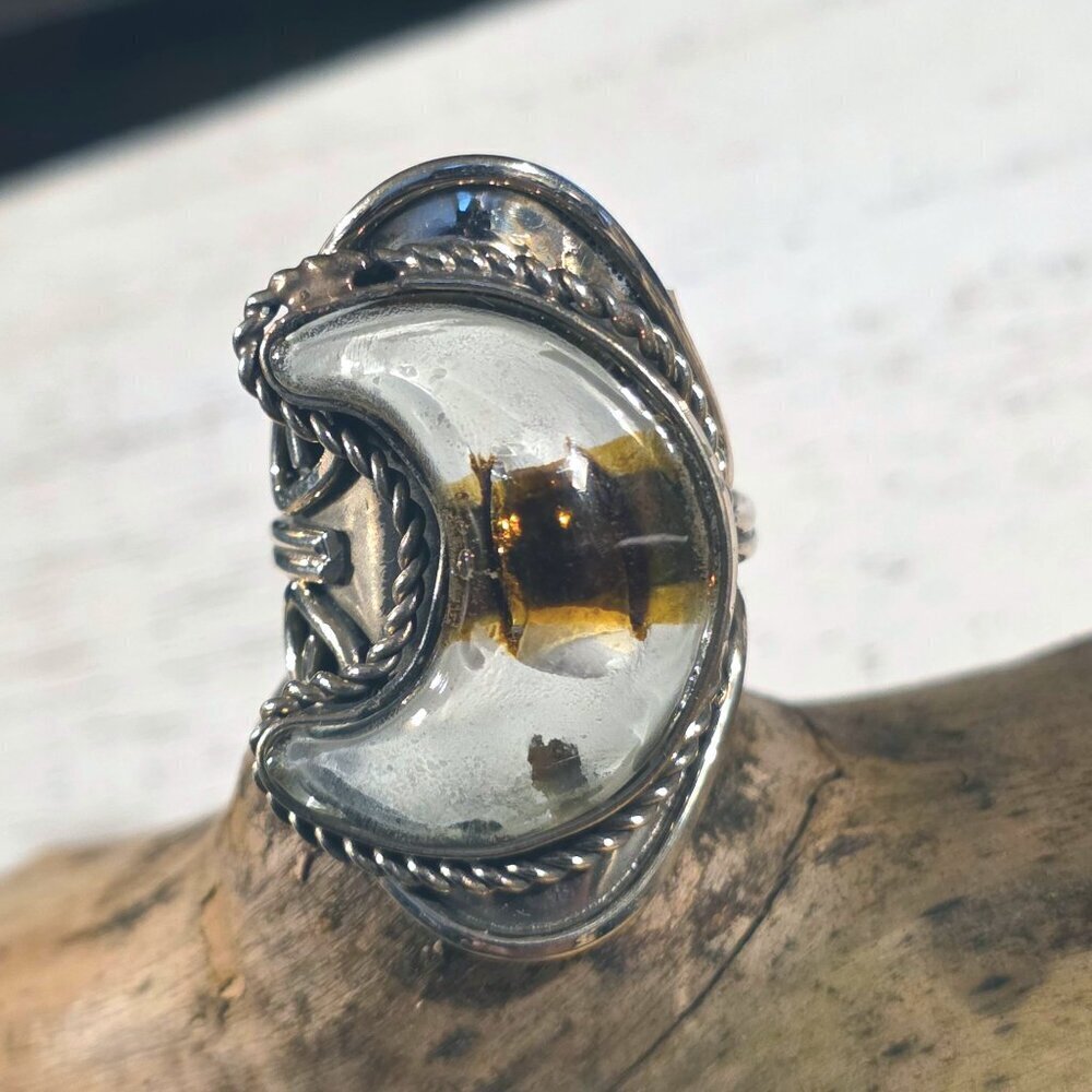 Peruvian Fused Art Glass White Silver Multi Crescent Moon OOAK Artisan Ring